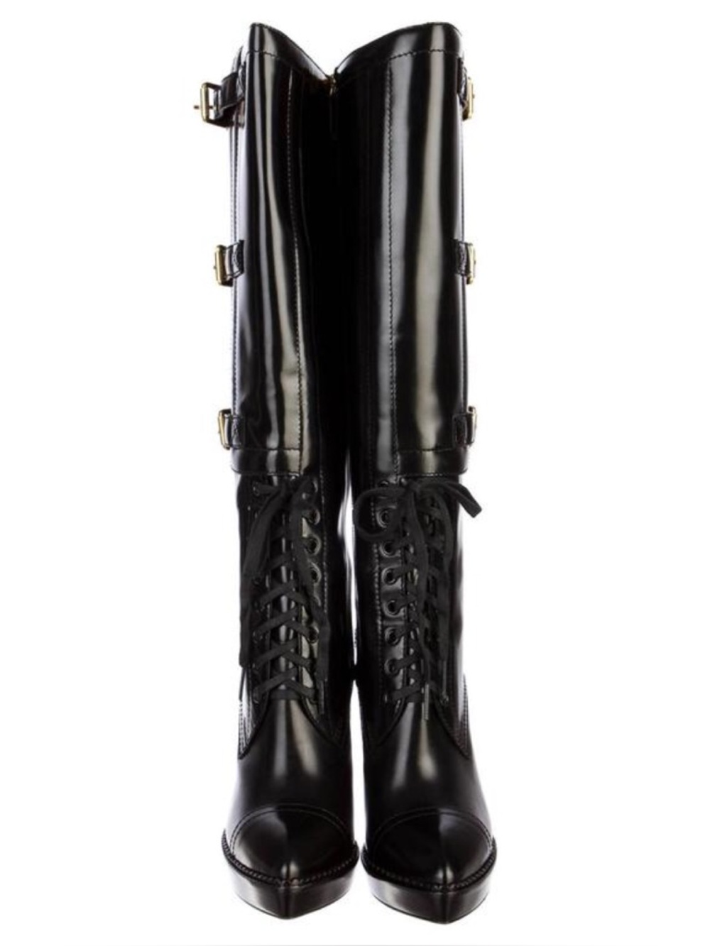 GUCCI VINTAGE Black Leather Riddle Knee High Lace-Up Platform Heeled Boot 2009 - Picture 7 of 15